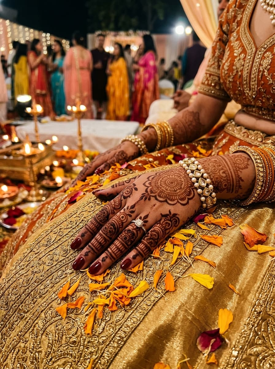 Intricate mehendi patterns on the bride's hands