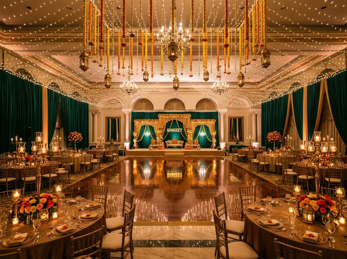 Grand sangeet ballroom decorated with lights and marigolds