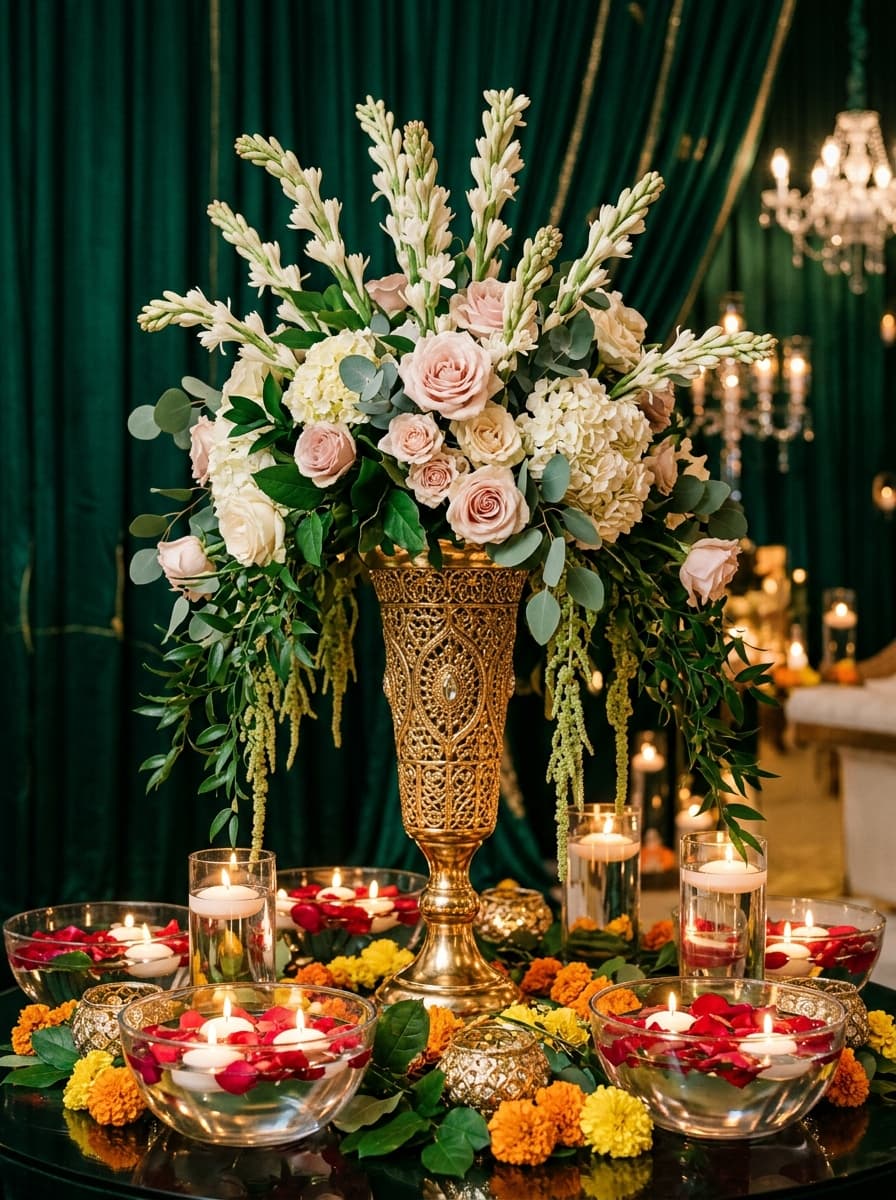 Floral arrangement with gold vase and floating candles