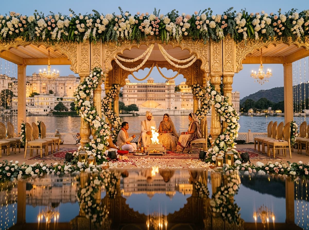 Ornate mandap ceremony by the lake