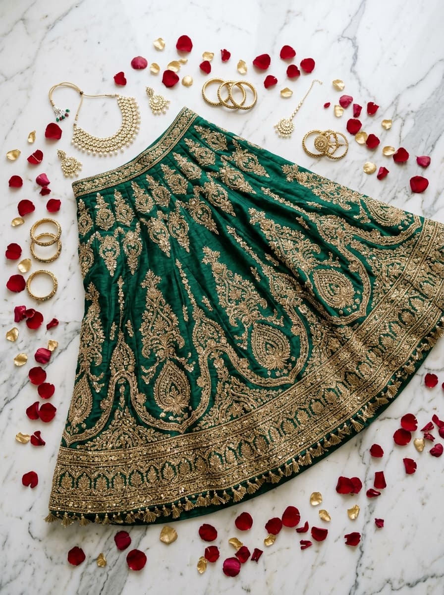 Emerald and gold bridal lehenga with jewellery