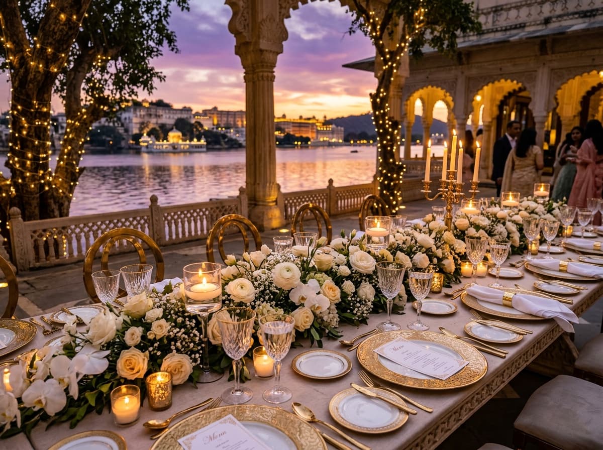 Lakeside table setting at dusk in Udaipur